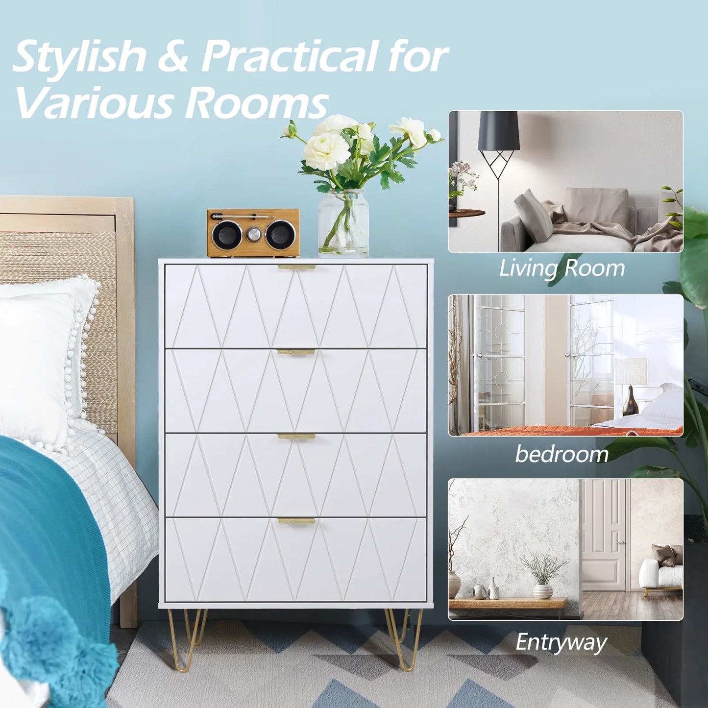 4-Drawer White Dressers with Gold Handles, Modern Wooden Storage Chest Closets