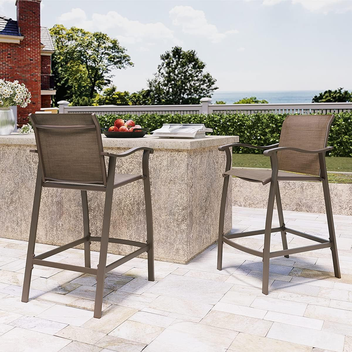 Outdoor Bar Stools & Chairs Set of 2, 2 PCS Counter Height Bar Stools, Patio Bar Chairs Brown Aluminum Frame & Brown Textilene