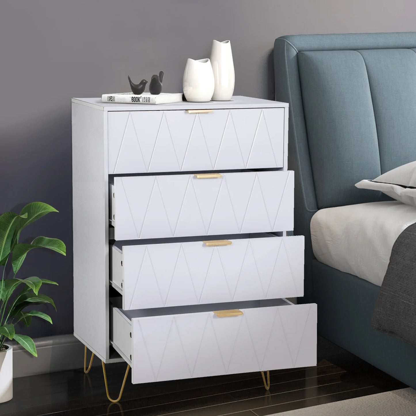 4-Drawer White Dressers with Gold Handles, Modern Wooden Storage Chest Closets