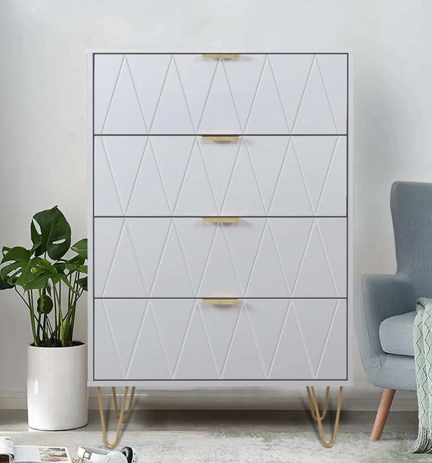 4-Drawer White Dressers with Gold Handles, Modern Wooden Storage Chest Closets