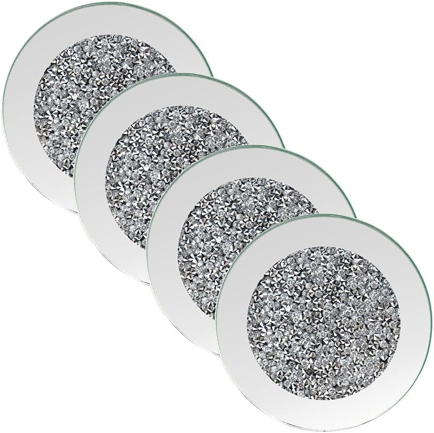 GIMORRTO Glass Mirrored Coaster 4 PC, Crushed Diamond round 4" Cup Mat Decor on Tabletop for Bar Tools Dining Table