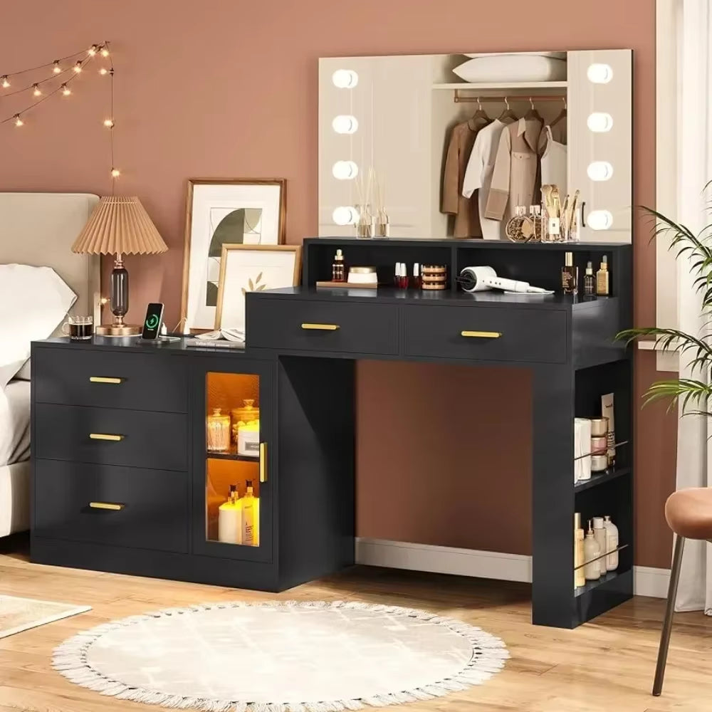 Dresser with Mirror and Lights and Charging Station Furniture Dressing Table Multifunctional Dressers