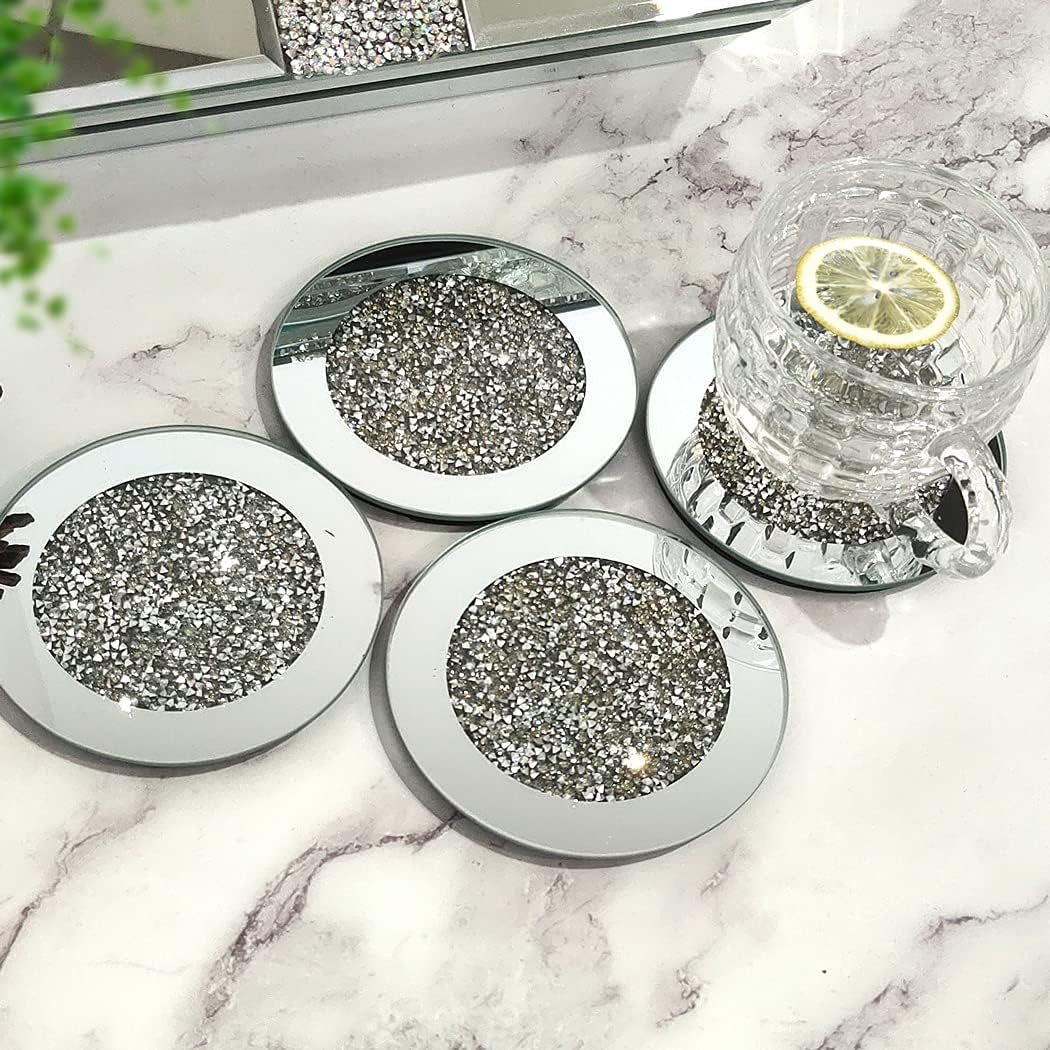GIMORRTO Glass Mirrored Coaster 4 PC, Crushed Diamond round 4" Cup Mat Decor on Tabletop for Bar Tools Dining Table