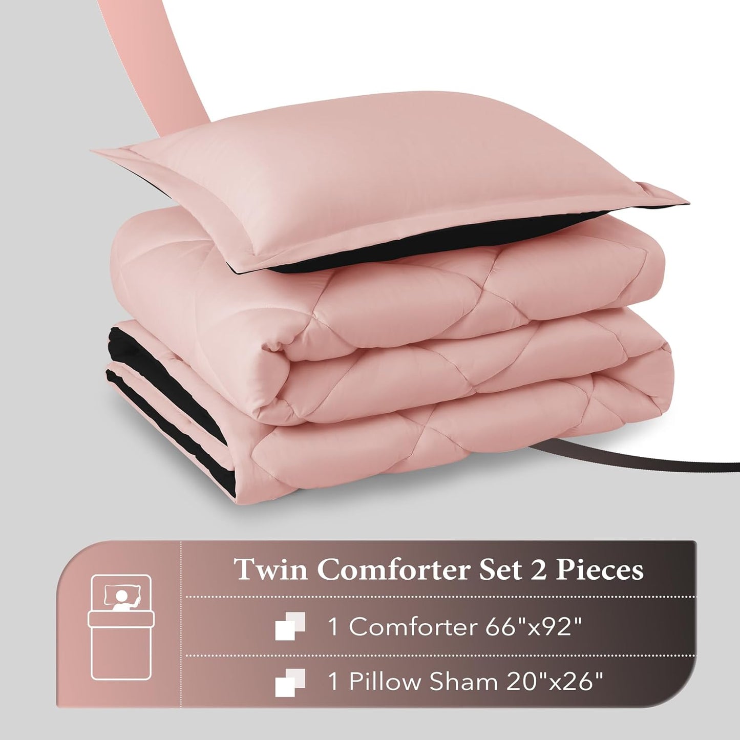 Lightweight Solid Comforter Set (Twin) with 1 Pillow Sham - 2-Piece Set - Pink and Black - down Alternative Reversible Comforter