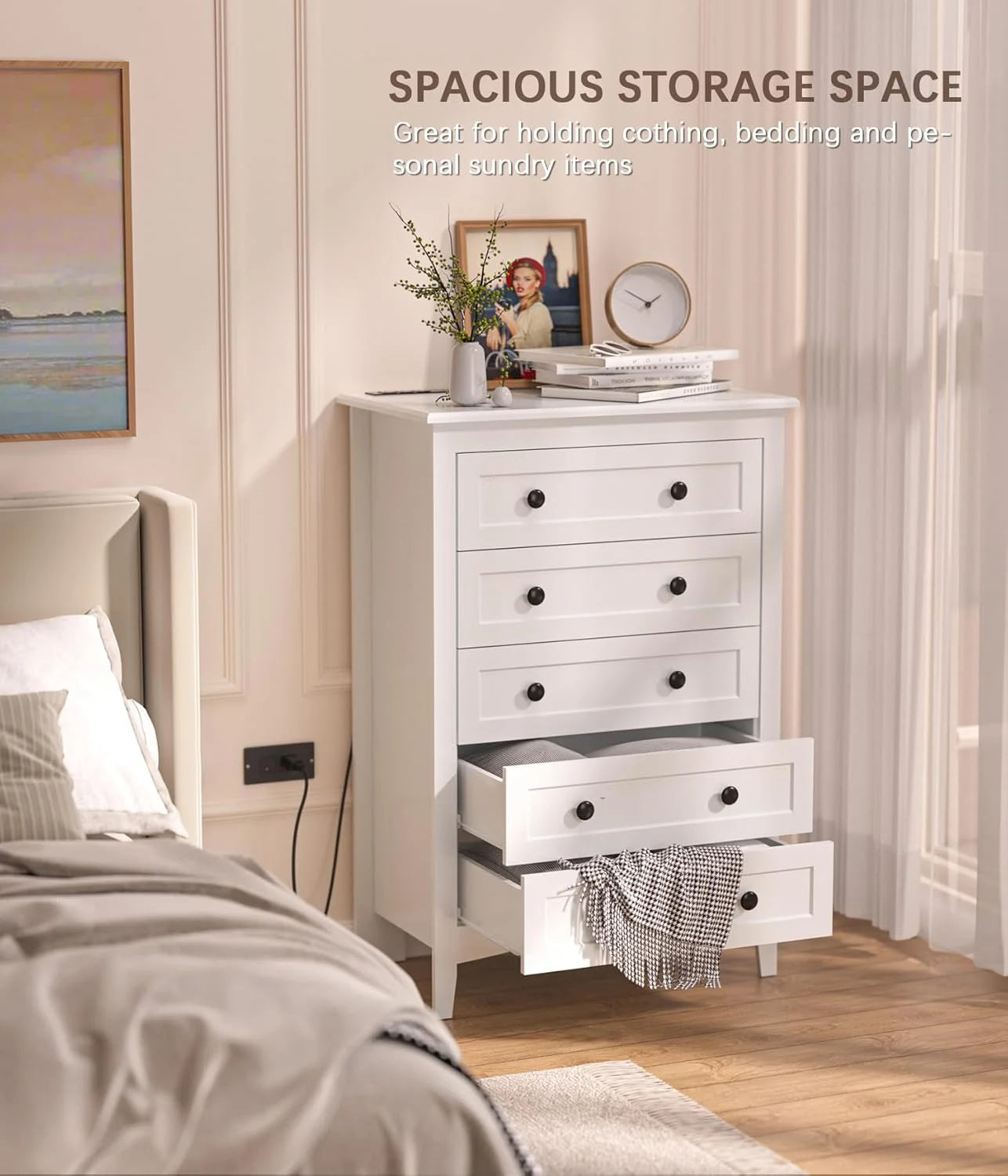 5 Drawer White Dresser with Power Outlets, Wooden Vertical Dressers for Bedroom & Living Room