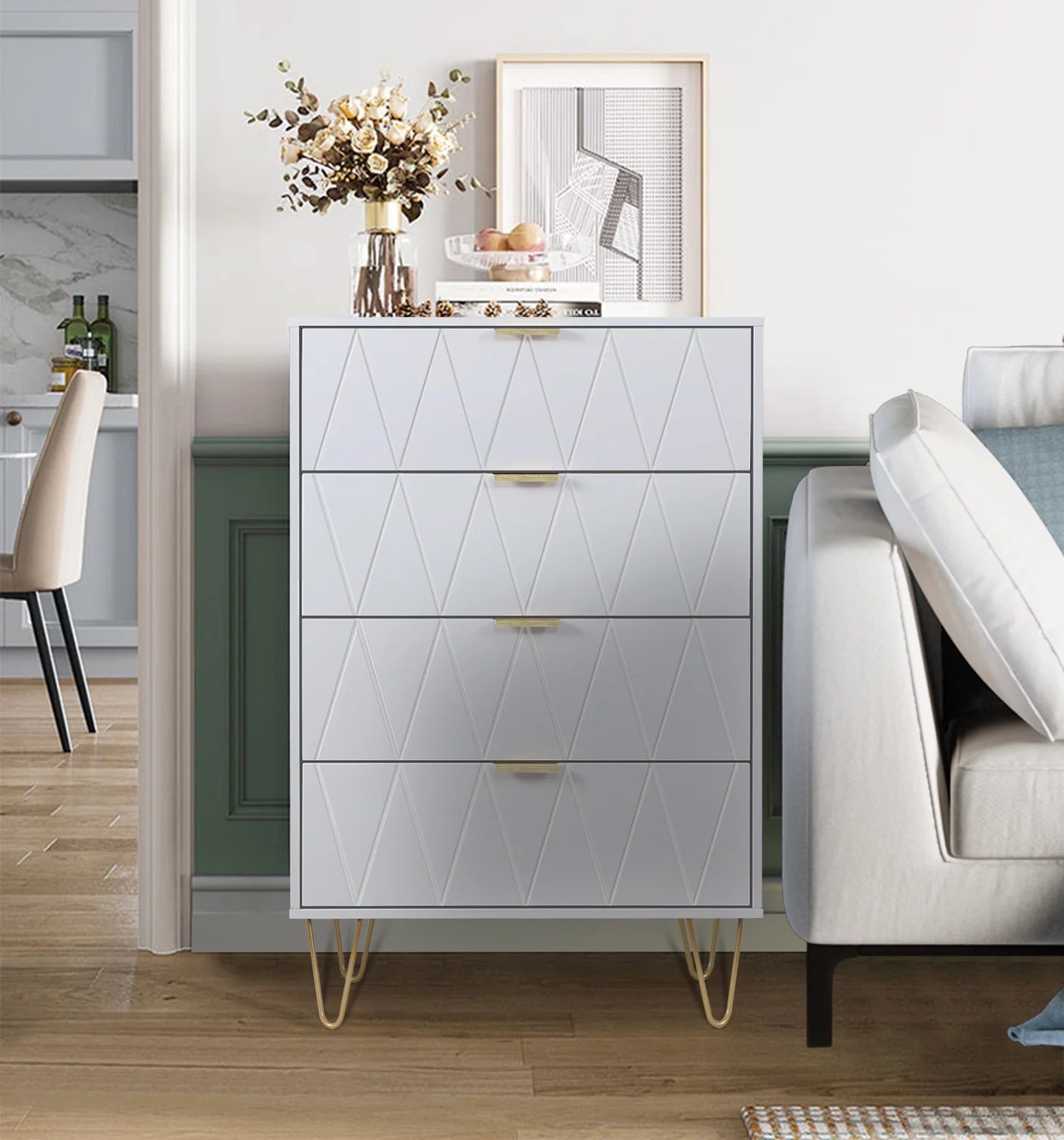 4-Drawer White Dressers with Gold Handles, Modern Wooden Storage Chest Closets