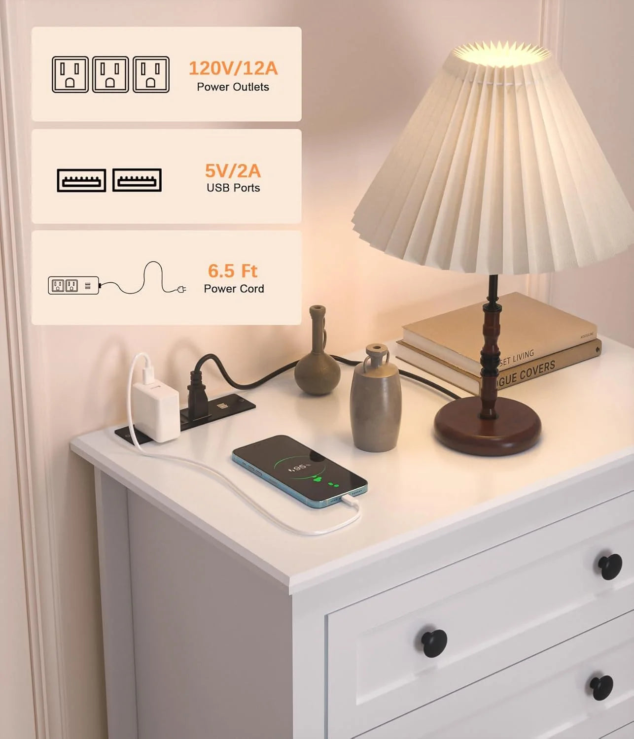 5 Drawer White Dresser with Power Outlets, Wooden Vertical Dressers for Bedroom & Living Room