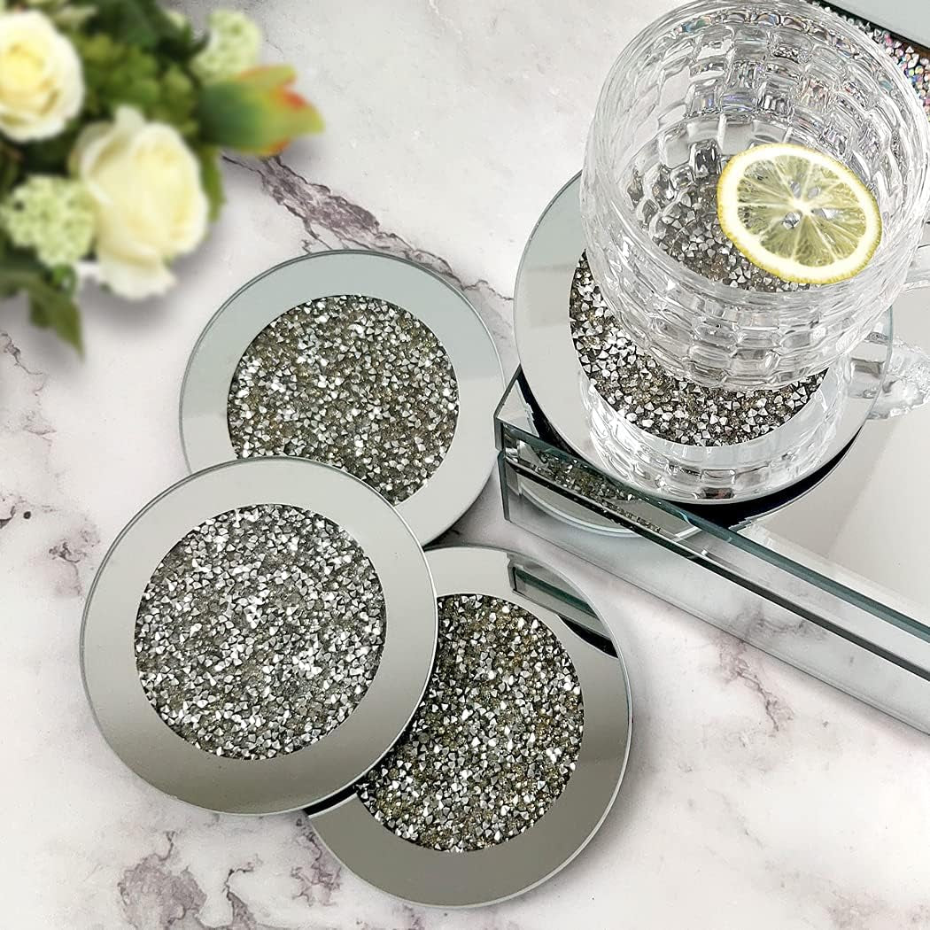 GIMORRTO Glass Mirrored Coaster 4 PC, Crushed Diamond round 4" Cup Mat Decor on Tabletop for Bar Tools Dining Table