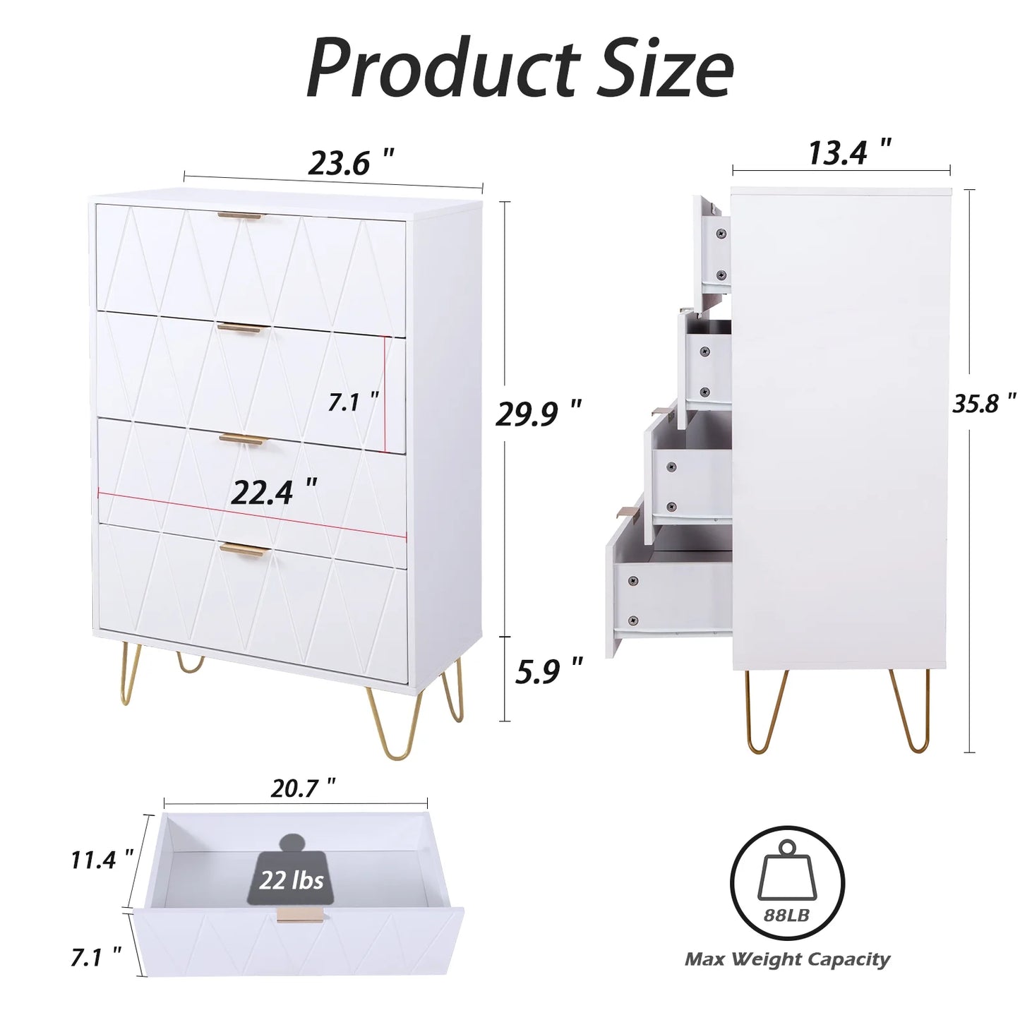 4-Drawer White Dressers with Gold Handles, Modern Wooden Storage Chest Closets