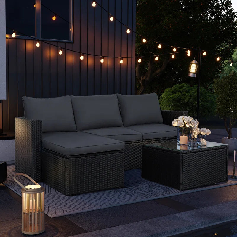 Patio Furniture Set 3 Piece Outdoor Sectional Patio Sofa, All-Weather Wicker Rattan Outdoor Furniture Set with Glass Table and Cushions