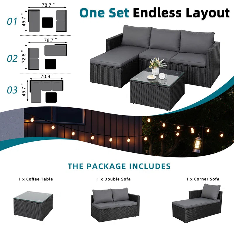 Patio Furniture Set 3 Piece Outdoor Sectional Patio Sofa, All-Weather Wicker Rattan Outdoor Furniture Set with Glass Table and Cushions