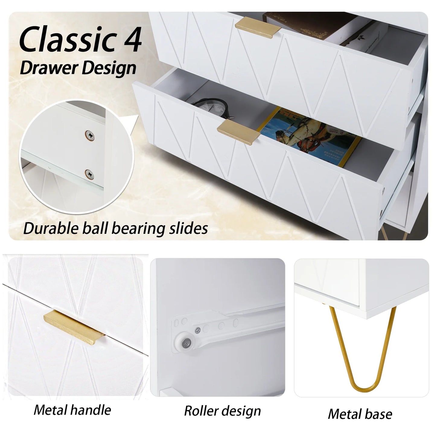 4-Drawer White Dressers with Gold Handles, Modern Wooden Storage Chest Closets