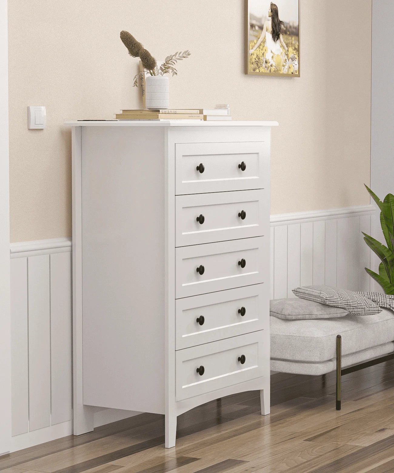 5 Drawer White Dresser with Power Outlets, Wooden Vertical Dressers for Bedroom & Living Room