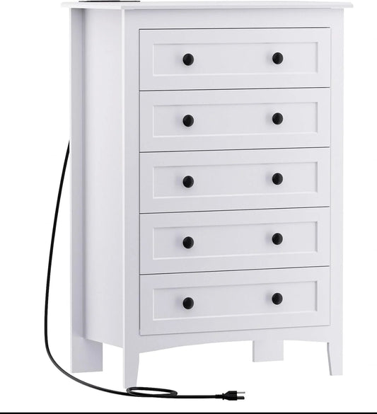 5 Drawer White Dresser with Power Outlets, Wooden Vertical Dressers for Bedroom & Living Room