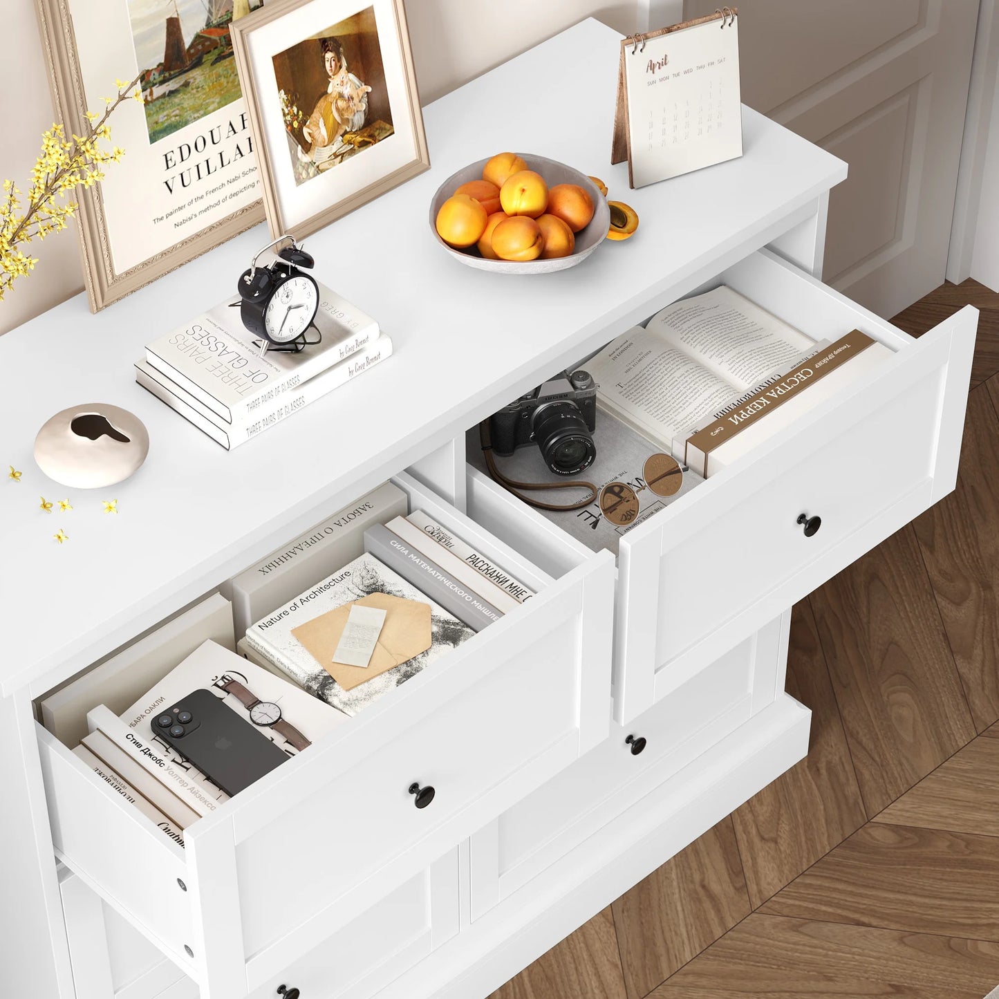 6 Drawer Double Dresser White, Wood Storage Cabinet for Living Room, Chest of Drawers for Bedroom