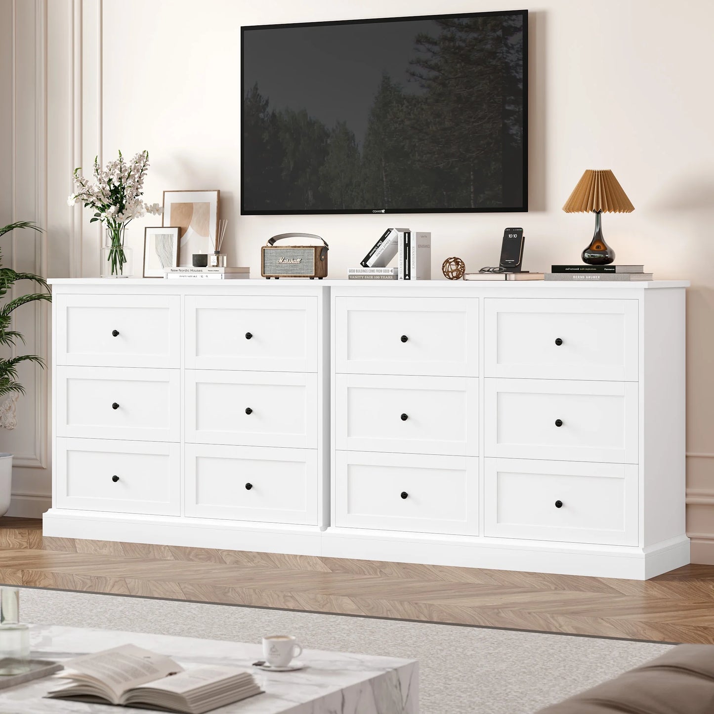 6 Drawer Double Dresser White, Wood Storage Cabinet for Living Room, Chest of Drawers for Bedroom