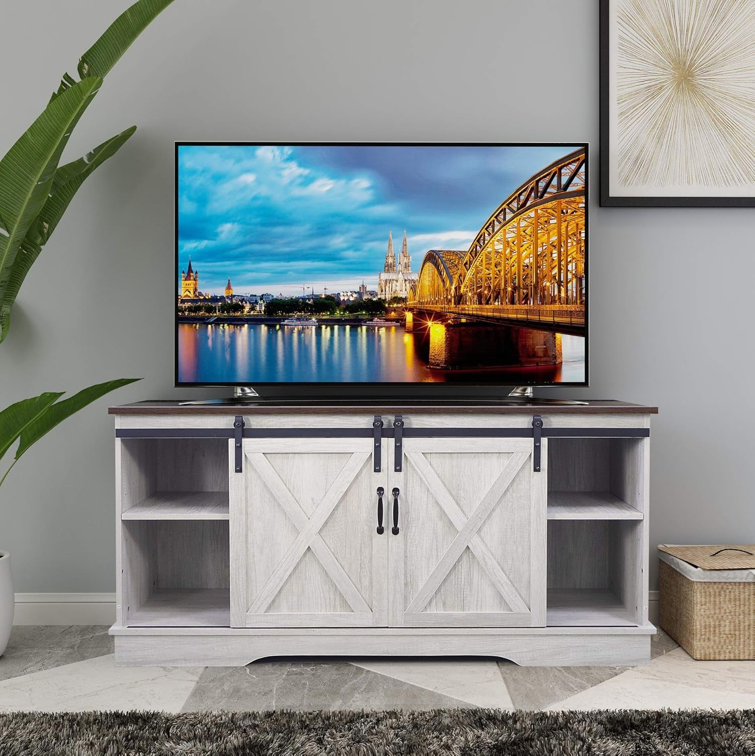 TV Stand, Storage Cabinet with Sliding Barn Doors and Adjustable Shelves, Modern 28”H, Sargent Oak