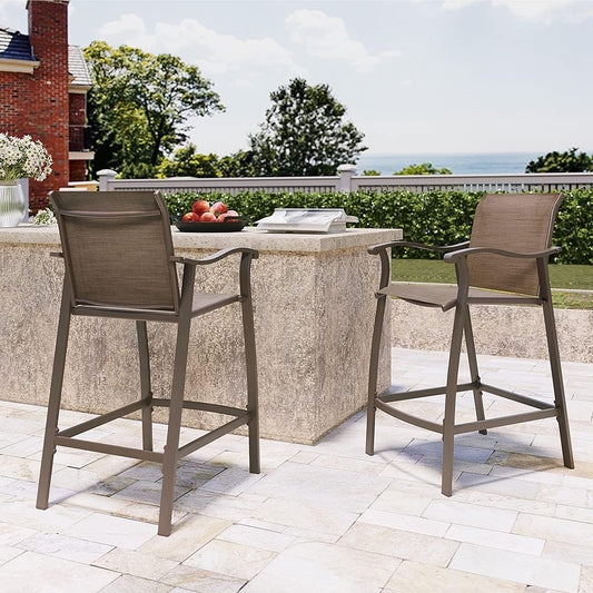 Outdoor Bar Stools & Chairs Set of 2, 2 PCS Counter Height Bar Stools, Patio Bar Chairs Brown Aluminum Frame & Brown Textilene
