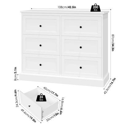 6 Drawer Double Dresser White, Wood Storage Cabinet for Living Room, Chest of Drawers for Bedroom
