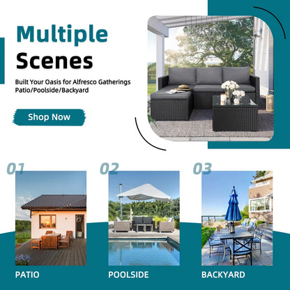 Patio Furniture Set 3 Piece Outdoor Sectional Patio Sofa, All-Weather Wicker Rattan Outdoor Furniture Set with Glass Table and Cushions