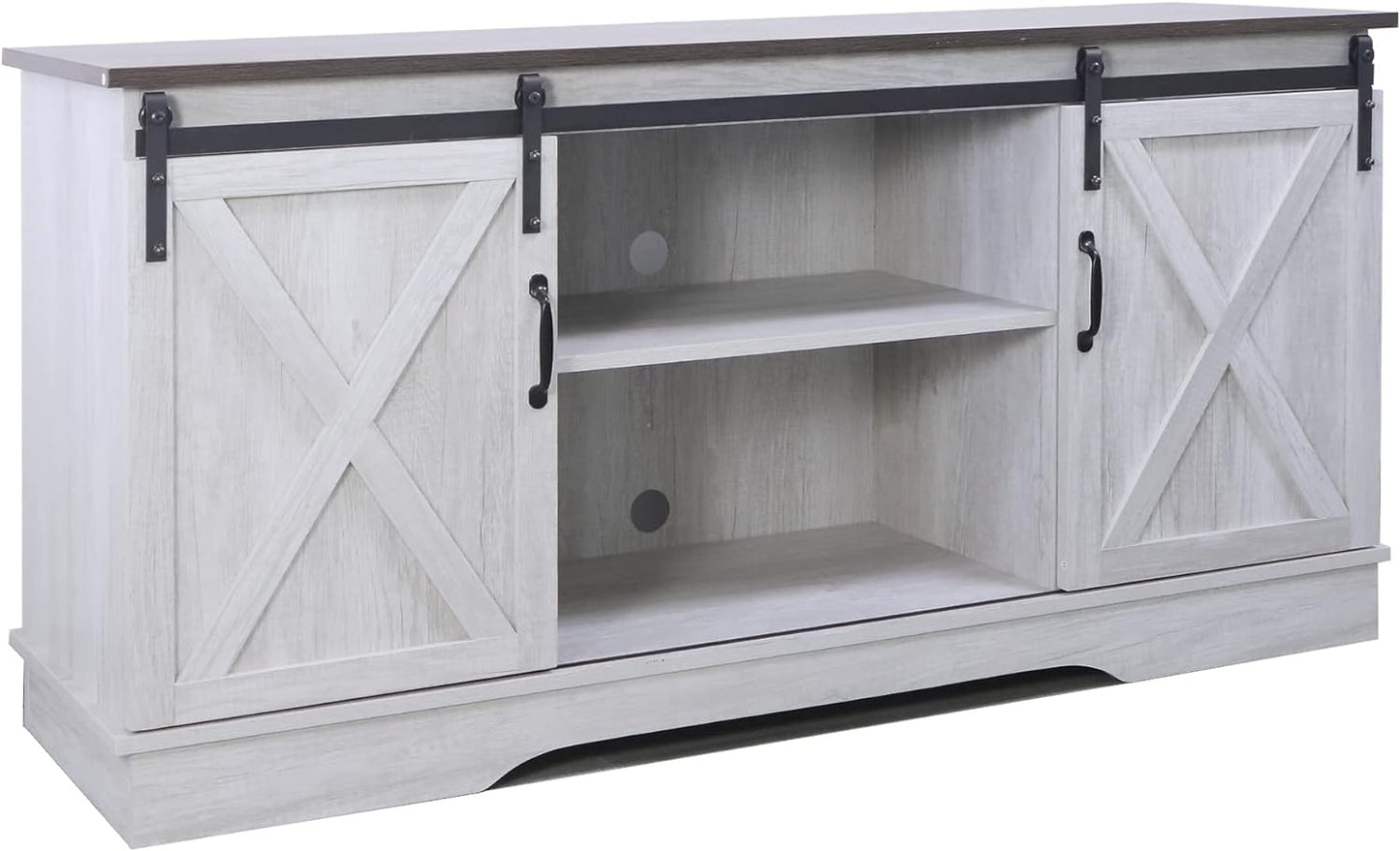 TV Stand, Storage Cabinet with Sliding Barn Doors and Adjustable Shelves, Modern 28”H, Sargent Oak