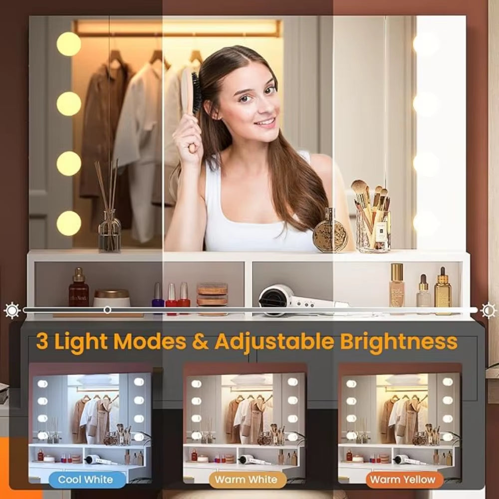 Dresser with Mirror and Lights and Charging Station Furniture Dressing Table Multifunctional Dressers