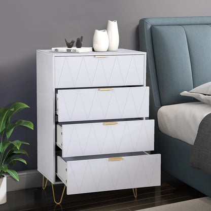 4-Drawer White Dressers with Gold Handles, Modern Wooden Storage Chest Closets