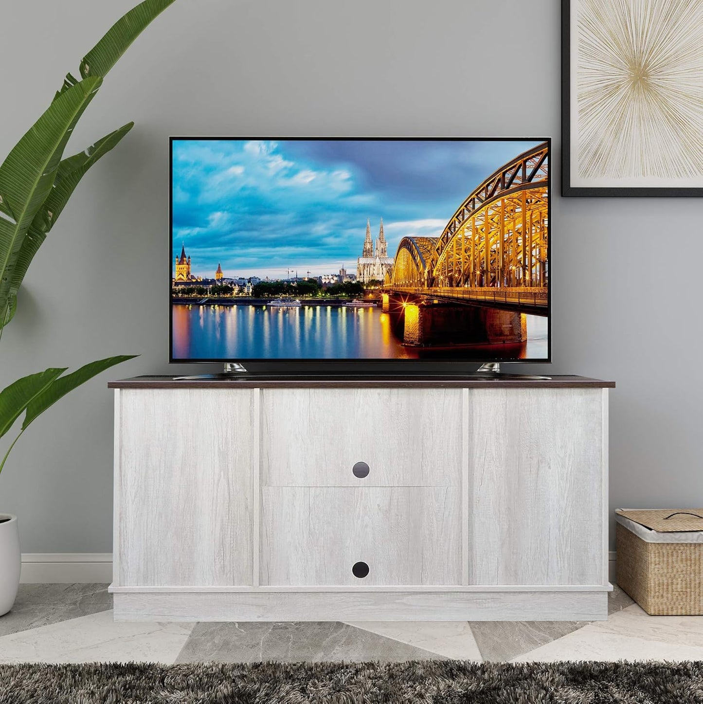 TV Stand, Storage Cabinet with Sliding Barn Doors and Adjustable Shelves, Modern 28”H, Sargent Oak
