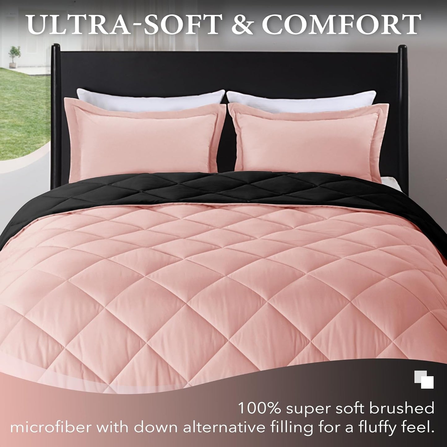 Lightweight Solid Comforter Set (Twin) with 1 Pillow Sham - 2-Piece Set - Pink and Black - down Alternative Reversible Comforter