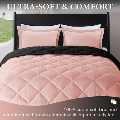 Lightweight Solid Comforter Set (Twin) with 1 Pillow Sham - 2-Piece Set - Pink and Black - down Alternative Reversible Comforter