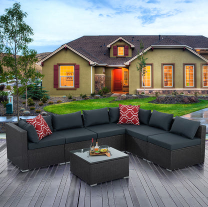 Patio Furniture, Outdoor Furniture, Seasonal PE Wicker Furniture, 7 Set Wicker Furniture with Tempered Glass Coffee Table