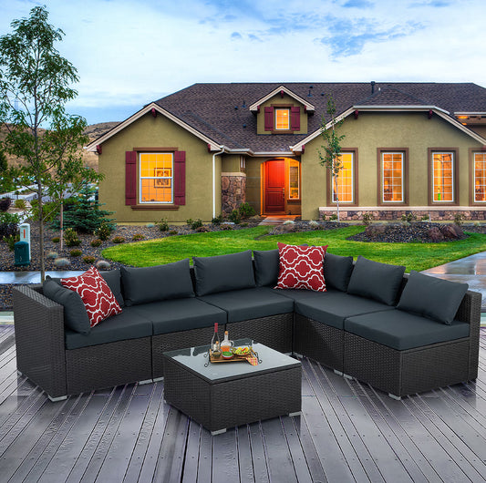 Patio Furniture, Outdoor Furniture, Seasonal PE Wicker Furniture, 7 Set Wicker Furniture with Tempered Glass Coffee Table
