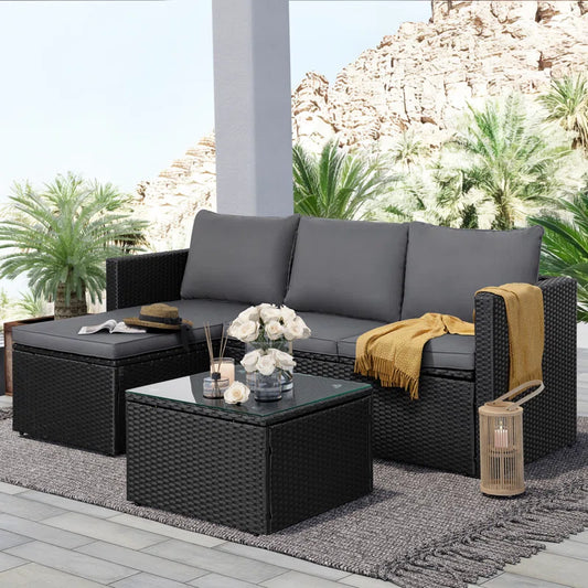 Patio Furniture Set 3 Piece Outdoor Sectional Patio Sofa, All-Weather Wicker Rattan Outdoor Furniture Set with Glass Table and Cushions