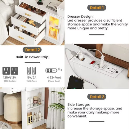 Dresser with Mirror and Lights and Charging Station Furniture Dressing Table Multifunctional Dressers