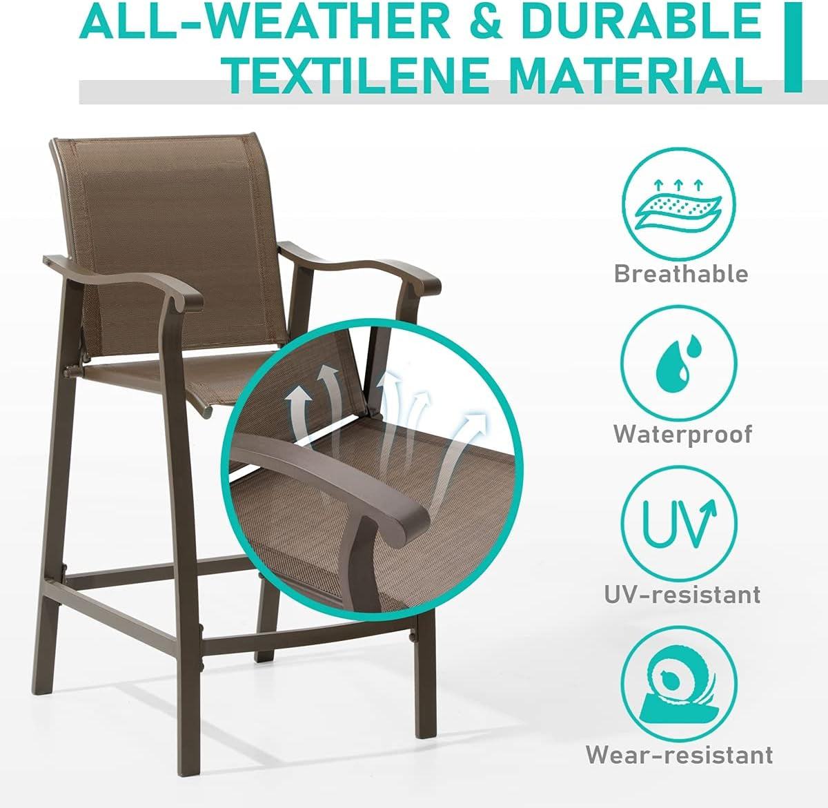 Outdoor Bar Stools & Chairs Set of 2, 2 PCS Counter Height Bar Stools, Patio Bar Chairs Brown Aluminum Frame & Brown Textilene