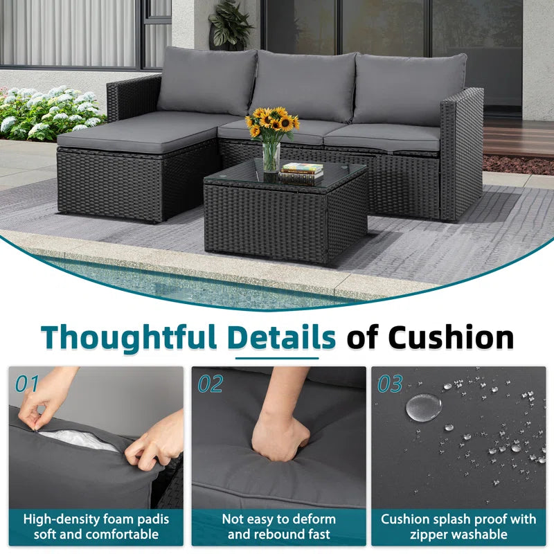 Patio Furniture Set 3 Piece Outdoor Sectional Patio Sofa, All-Weather Wicker Rattan Outdoor Furniture Set with Glass Table and Cushions