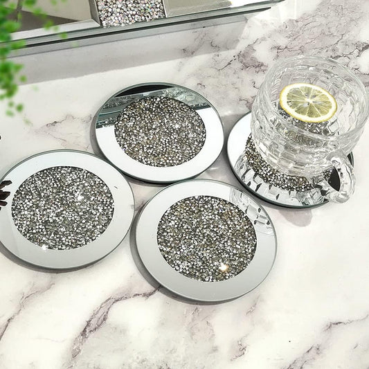 GIMORRTO Glass Mirrored Coaster 4 PC, Crushed Diamond round 4" Cup Mat Decor on Tabletop for Bar Tools Dining Table
