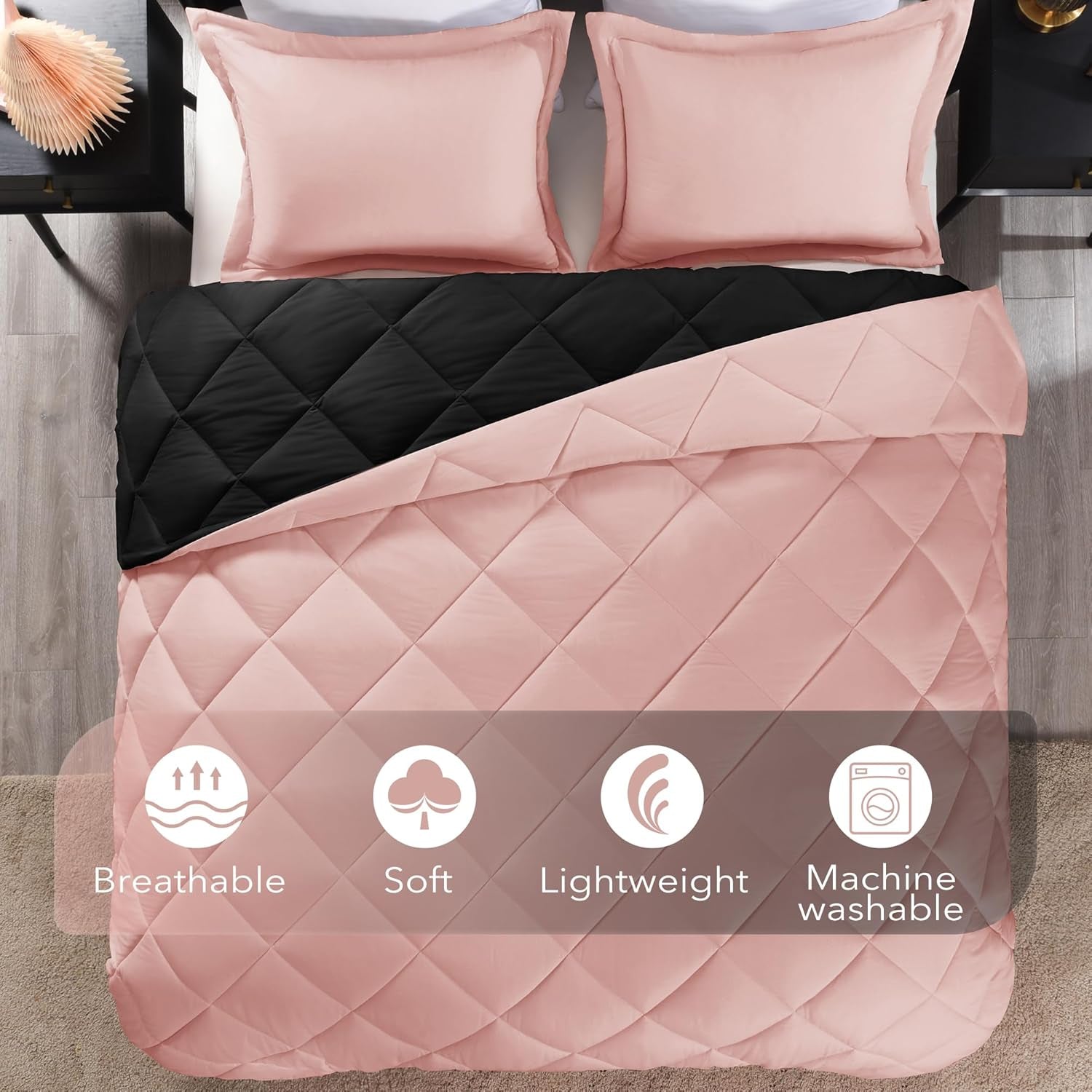 Lightweight Solid Comforter Set (Twin) with 1 Pillow Sham - 2-Piece Set - Pink and Black - down Alternative Reversible Comforter
