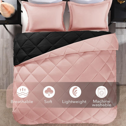 Lightweight Solid Comforter Set (Twin) with 1 Pillow Sham - 2-Piece Set - Pink and Black - down Alternative Reversible Comforter