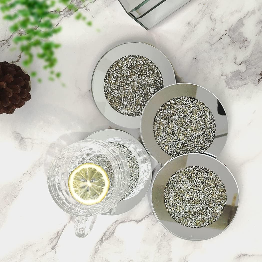 GIMORRTO Glass Mirrored Coaster 4 PC, Crushed Diamond round 4" Cup Mat Decor on Tabletop for Bar Tools Dining Table