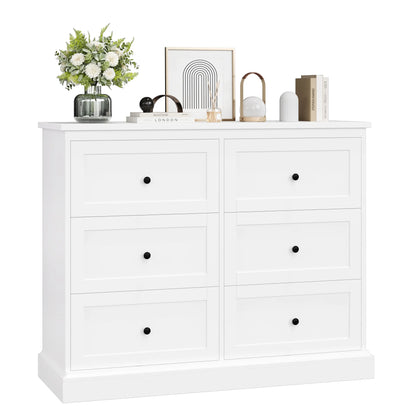 6 Drawer Double Dresser White, Wood Storage Cabinet for Living Room, Chest of Drawers for Bedroom