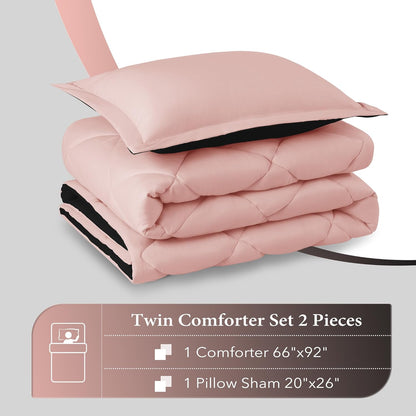 Lightweight Solid Comforter Set (Twin) with 1 Pillow Sham - 2-Piece Set - Pink and Black - down Alternative Reversible Comforter