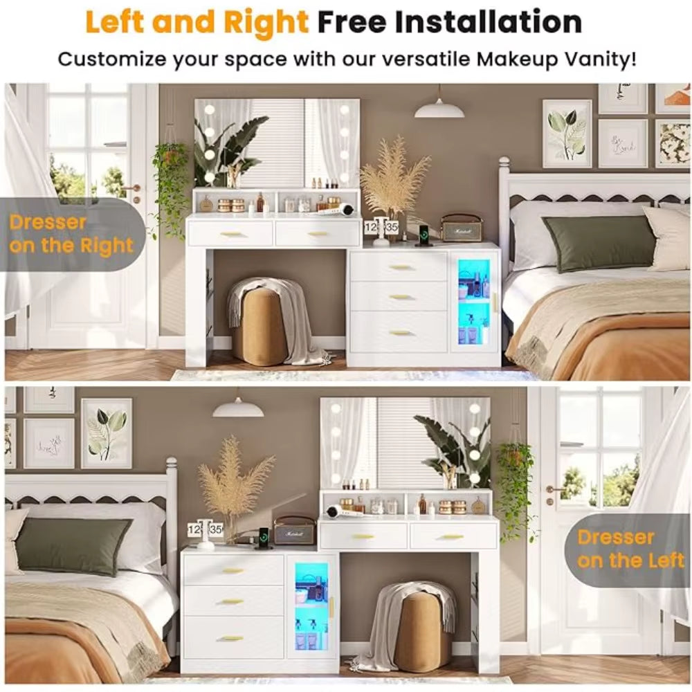 Dresser with Mirror and Lights and Charging Station Furniture Dressing Table Multifunctional Dressers