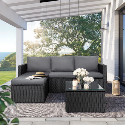 Patio Furniture Set 3 Piece Outdoor Sectional Patio Sofa, All-Weather Wicker Rattan Outdoor Furniture Set with Glass Table and Cushions