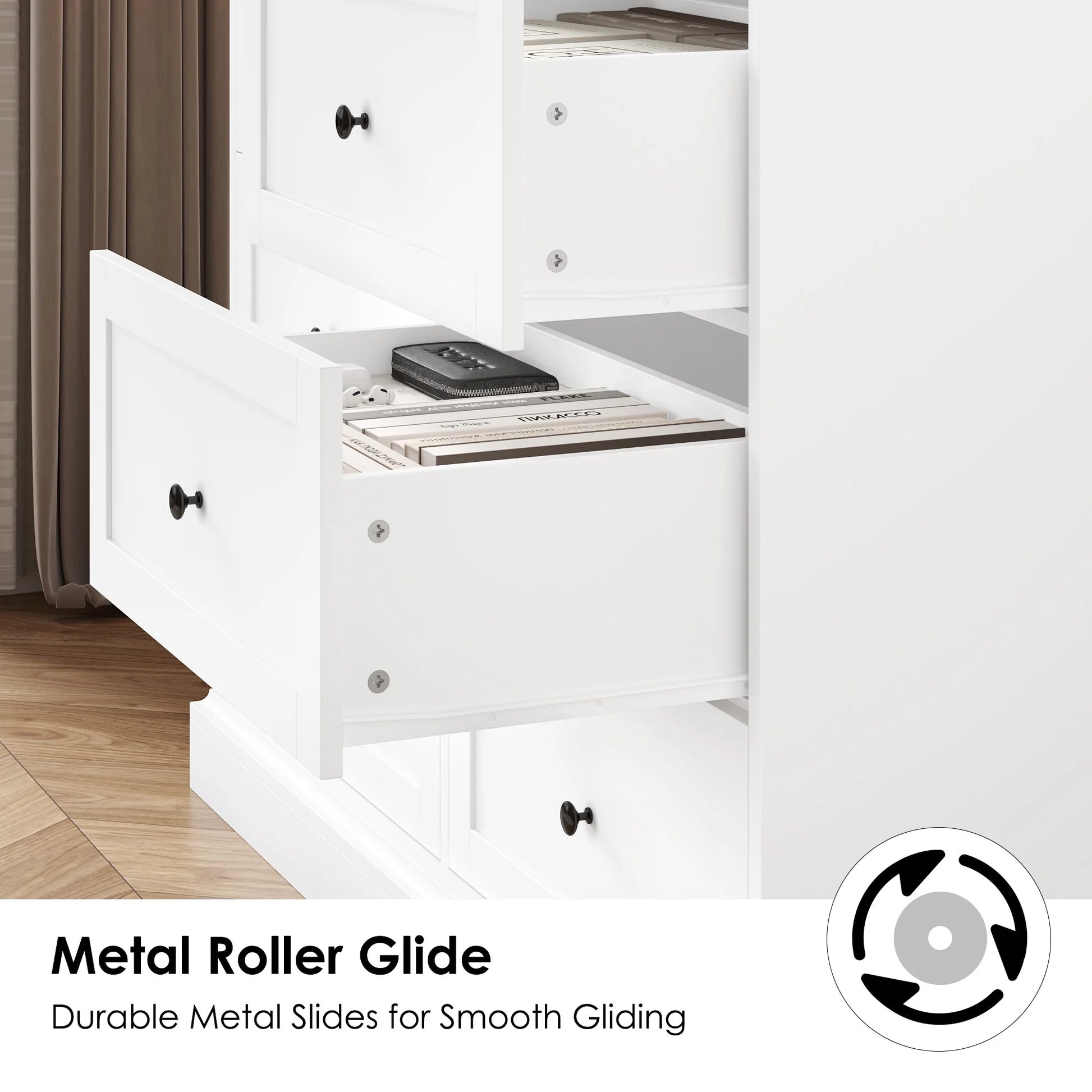 6 Drawer Double Dresser White, Wood Storage Cabinet for Living Room, Chest of Drawers for Bedroom