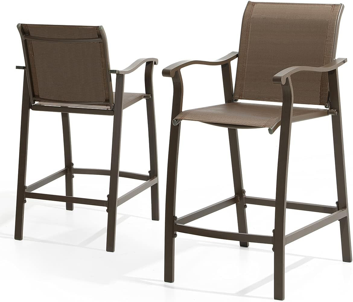 Outdoor Bar Stools & Chairs Set of 2, 2 PCS Counter Height Bar Stools, Patio Bar Chairs Brown Aluminum Frame & Brown Textilene