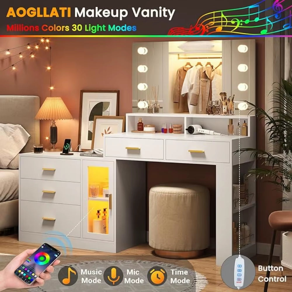Dresser with Mirror and Lights and Charging Station Furniture Dressing Table Multifunctional Dressers