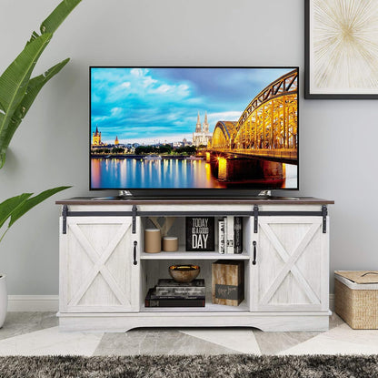 TV Stand, Storage Cabinet with Sliding Barn Doors and Adjustable Shelves, Modern 28”H, Sargent Oak