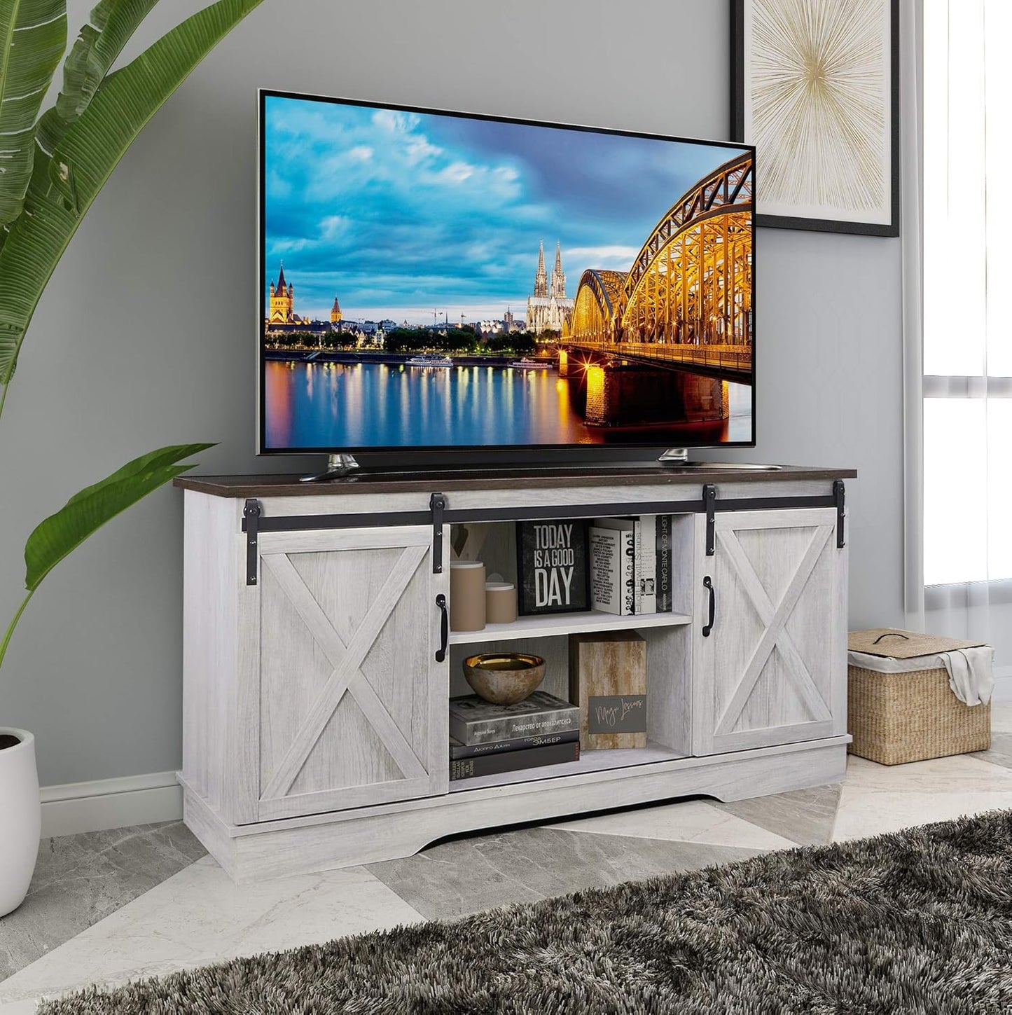 TV Stand, Storage Cabinet with Sliding Barn Doors and Adjustable Shelves, Modern 28”H, Sargent Oak
