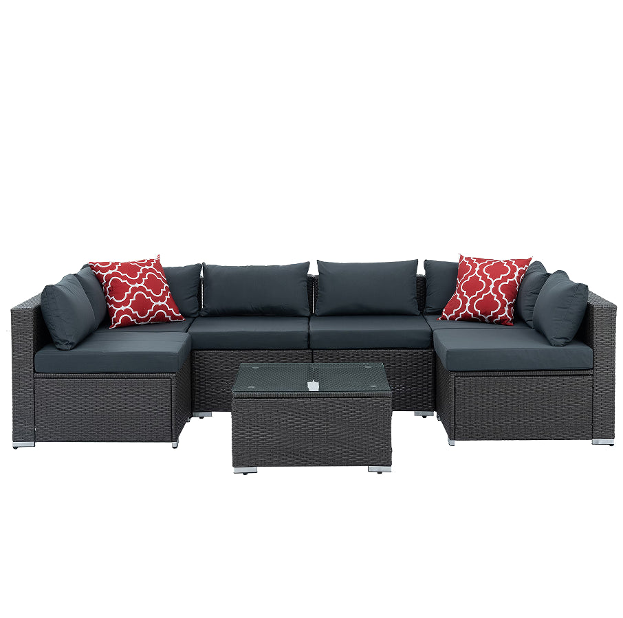 Patio Furniture, Outdoor Furniture, Seasonal PE Wicker Furniture, 7 Set Wicker Furniture with Tempered Glass Coffee Table